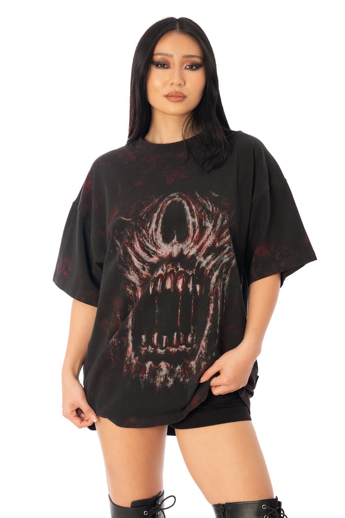 BlackMilk Bite Me Big Tee in black – oversized unisex Halloween monster mouth graphic print tee, part of the BlackMilk Clothing Halloween collection