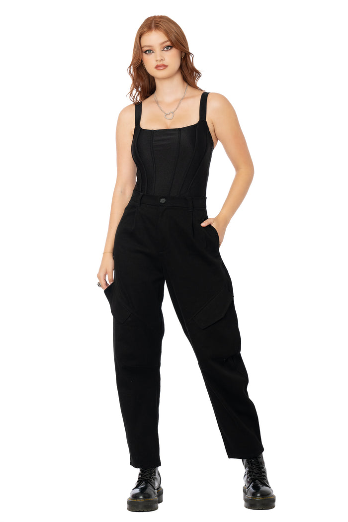 Women's black barrel leg cargo pants with functional utility pockets, soft stretch cotton construction, flattering seam details and a relaxed fit for casual everyday outfits.