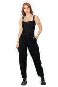 Women's black barrel leg cargo pants with functional utility pockets, soft stretch cotton construction, flattering seam details and a relaxed fit for casual everyday outfits.