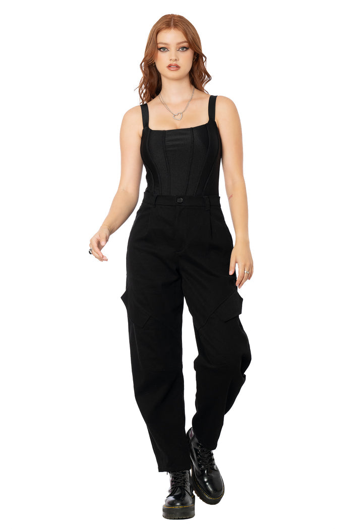 Relaxed black barrel leg trousers crafted from comfortable stretch cotton with oversized cargo pockets, utility-inspired panel detailing and a modern streetwear silhouette.