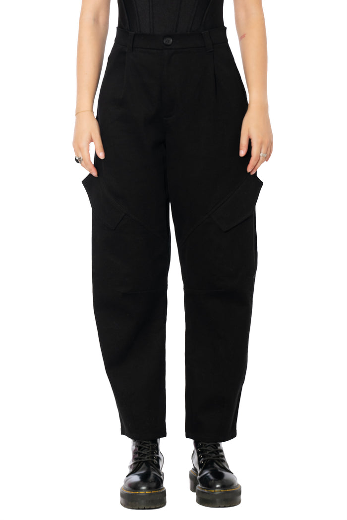 Black utility cargo trousers featuring a relaxed barrel leg shape, practical oversized pockets, seam panel detailing and comfortable stretch cotton for everyday wear.