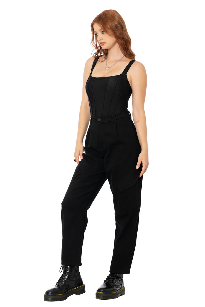 BlackMilk black barrel leg cargo pants with a relaxed utility-inspired fit, oversized cargo pockets, stretch cotton construction and seam panel detailing for alternative everyday style.