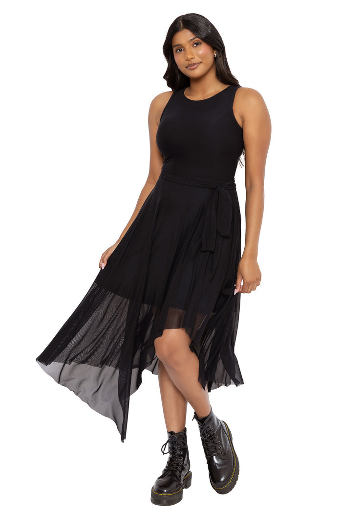 Alternative goth handkerchief dress in all black with sheer mesh fabric, draped asymmetrical skirt and fitted silhouette. Perfect for corporate goth outfits, this dark fairycore dress combines elegant movement with modern witch fashion energy.