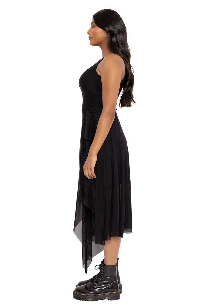 Corporate goth asymmetric black dress with a fitted sleeveless bodice and flowing sheer mesh skirt. This gothic office-ready dress captures dark academia, whimsigoth and fantasy witch fashion with effortless everyday elegance.