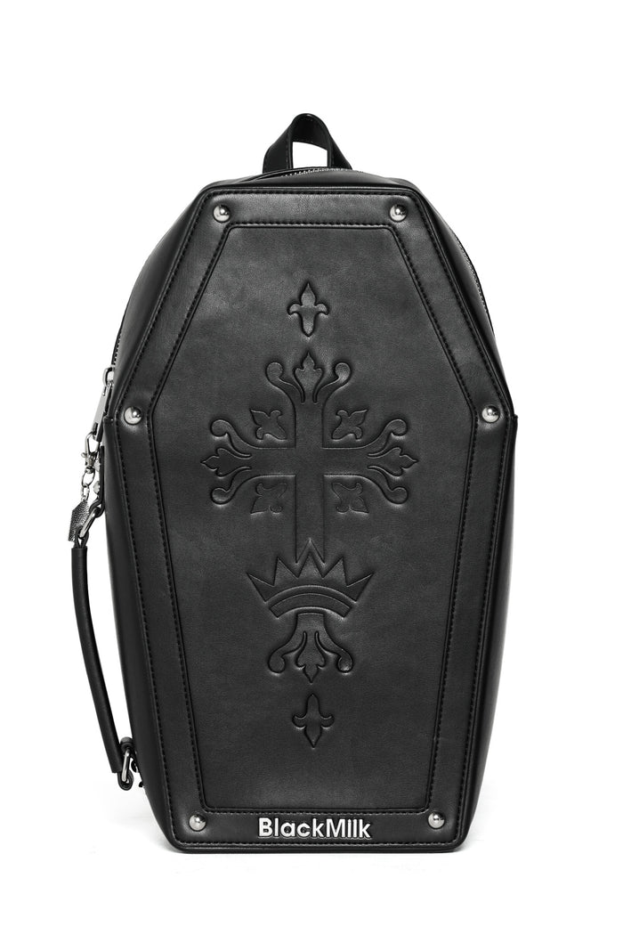 Black leather backpack with embossed design and 'BlackMilk' branding on a white background