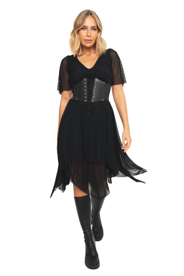 Full-length front view of a model wearing the BlackMilk Black Handkerchief Short Sleeve Dress, styled with a black lace-up corset belt over the sheer mesh gothic dress and knee-high boots.