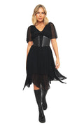Full-length front view of a model wearing the BlackMilk Black Handkerchief Short Sleeve Dress, styled with a black lace-up corset belt over the sheer mesh gothic dress and knee-high boots.