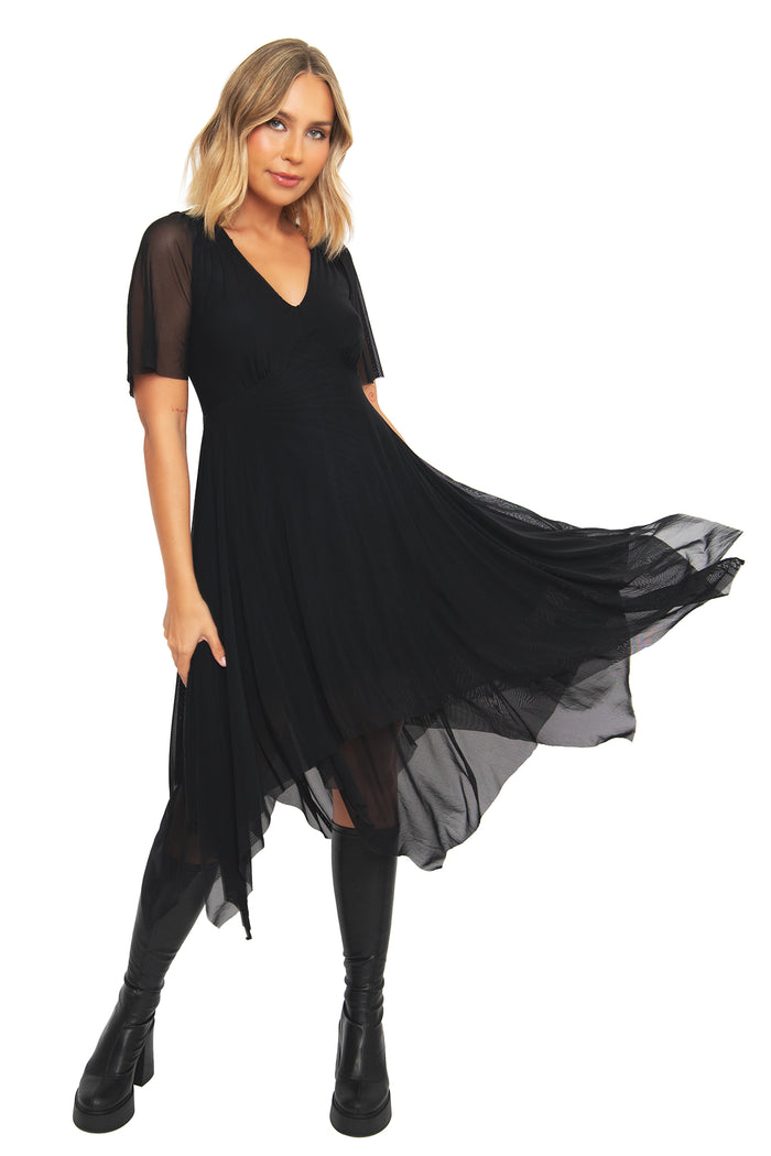 Back view of the BlackMilk Black Handkerchief Short Sleeve Dress, showing the sheer mesh handkerchief hem and flutter sleeves in black gothic streetwear style.