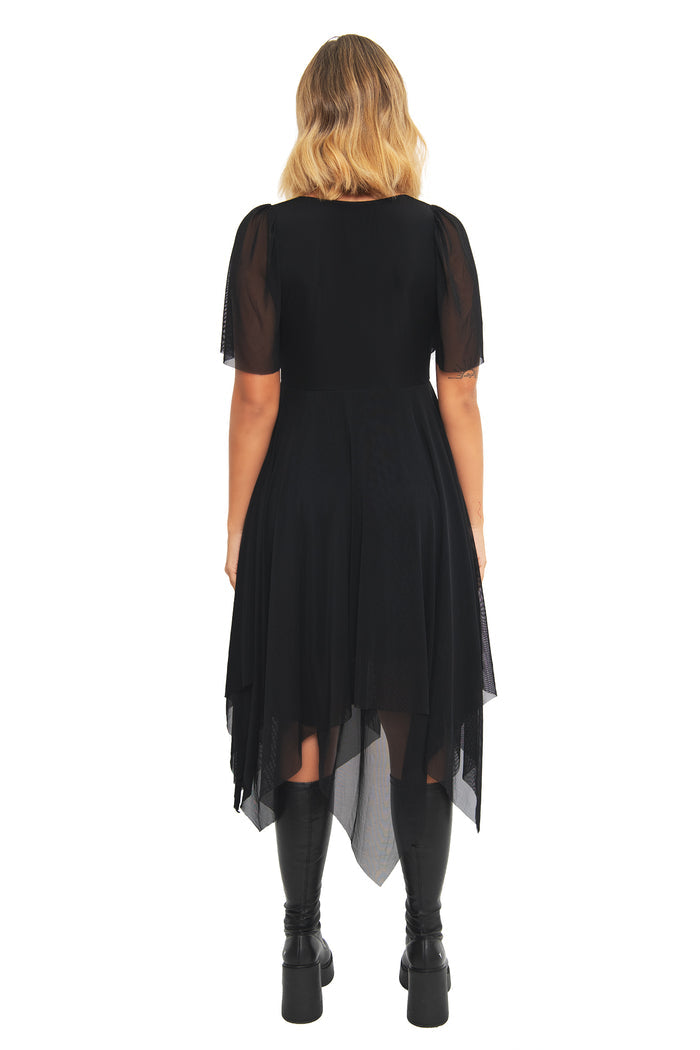 Full-length styled look of the BlackMilk Black Handkerchief Short Sleeve Dress paired with black knee-high boots, a gothic streetwear staple from the Lord of the Rings collection.