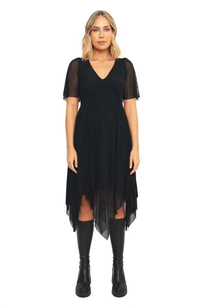 Close-up of the lace-up corset belt detail on the BlackMilk Black Handkerchief Short Sleeve Dress, a gothic streetwear piece from the Lord of the Rings collection with silver grommet eyelets.