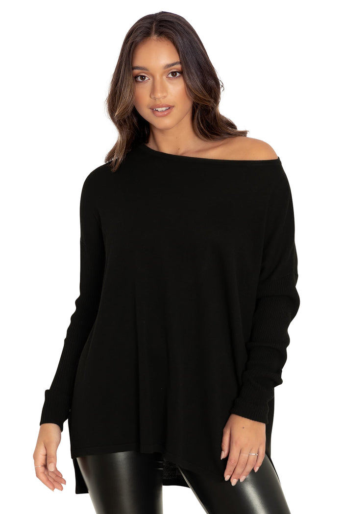 BlackMilk Clothing - Black High Low Knit Oversized Sweater