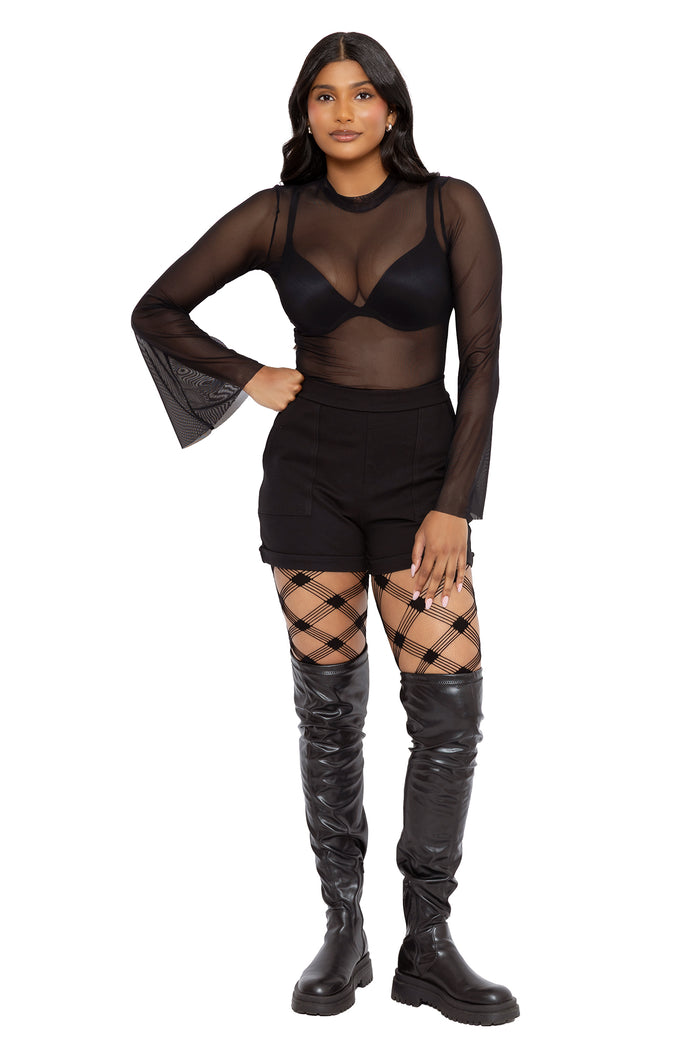 Sheer black long sleeve mesh top with flowing flare cuffs and fitted silhouette. This gothic sheer top pairs with black shorts and statement tights for a witchy corporate goth outfit.