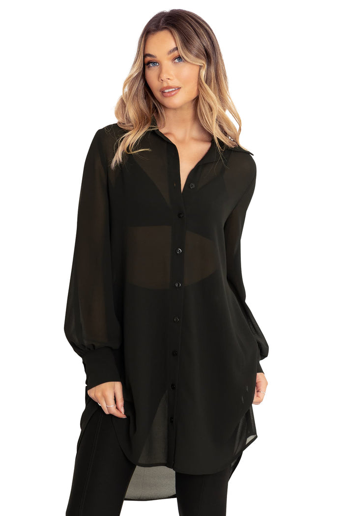 BlackMilk Clothing - Black Sheer Long Sleeve Oversized Shirt Dress