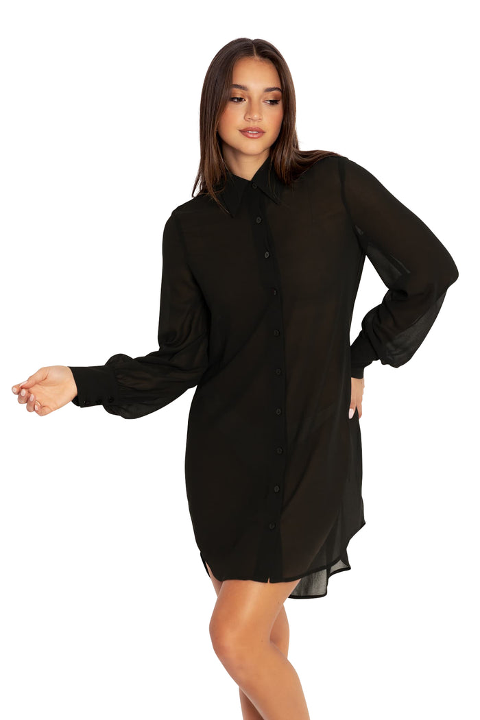 BlackMilk Clothing - Black Sheer Long Sleeve Oversized Shirt Dress