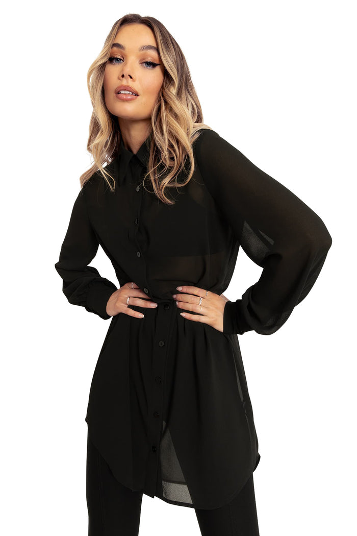 BlackMilk Clothing - Black Sheer Long Sleeve Oversized Shirt Dress