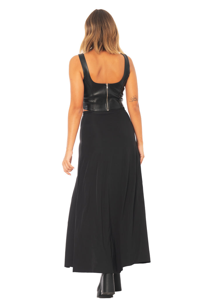 Stretchy black split maxi skirt for workwear and going out, with a sleek fitted design, comfortable stretch fabric and versatile styling perfect for office outfits, dinner dates, events and everyday wear.
