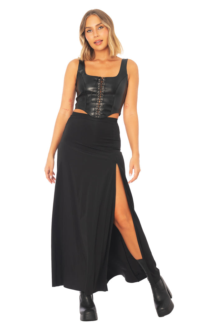 High-waisted black maxi skirt with front split and stretchy fabric, designed for comfortable all-day wear, professional work outfits, smart casual styling, nights out and elevated everyday looks.