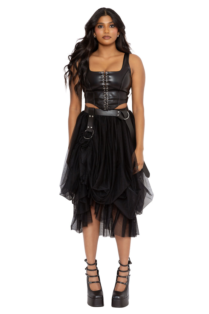 Alternative goth tulle midi skirt with layered black mesh, ruched detailing and dramatic floaty movement. This dark fairycore skirt blends fantasy witch and gothic fashion aesthetics with an elegant silhouette perfect for witchcore layering.