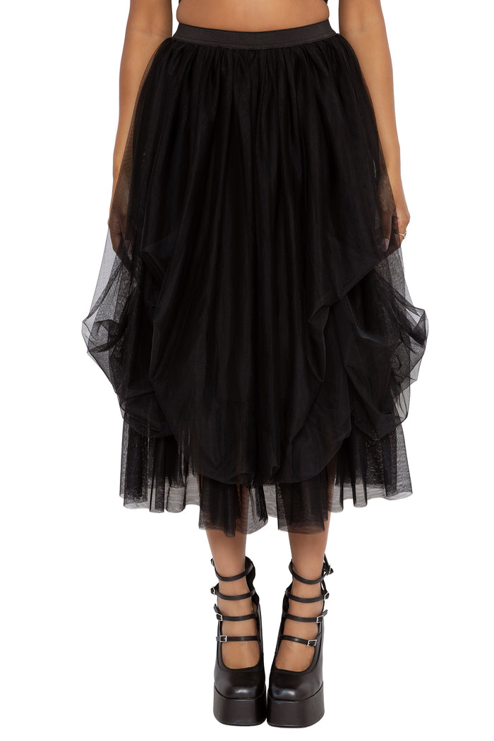 Black mesh midi skirt with layered tulle fabric, ruched detailing and flowing ballerina witch energy. This alternative goth skirt blends whimsigoth, dark academia and modern witch fashion from the Nature of a Witch collection.