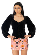BlackMilk Black Velvet Lace Up Long Sleeve Juliet Top – black gothic romance velvet lace-up puff sleeve Halloween top, part of the BlackMilk Clothing Halloween collection