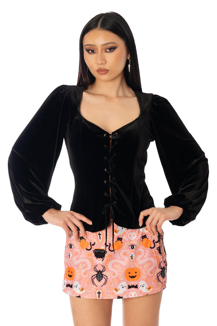 BlackMilk Black Velvet Lace Up Long Sleeve Juliet Top – black gothic romance velvet lace-up puff sleeve Halloween top, part of the BlackMilk Clothing Halloween collection