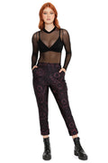 Black cuffed pants with deep red celestial and planet print, featuring cosmic symbols and a tapered fit