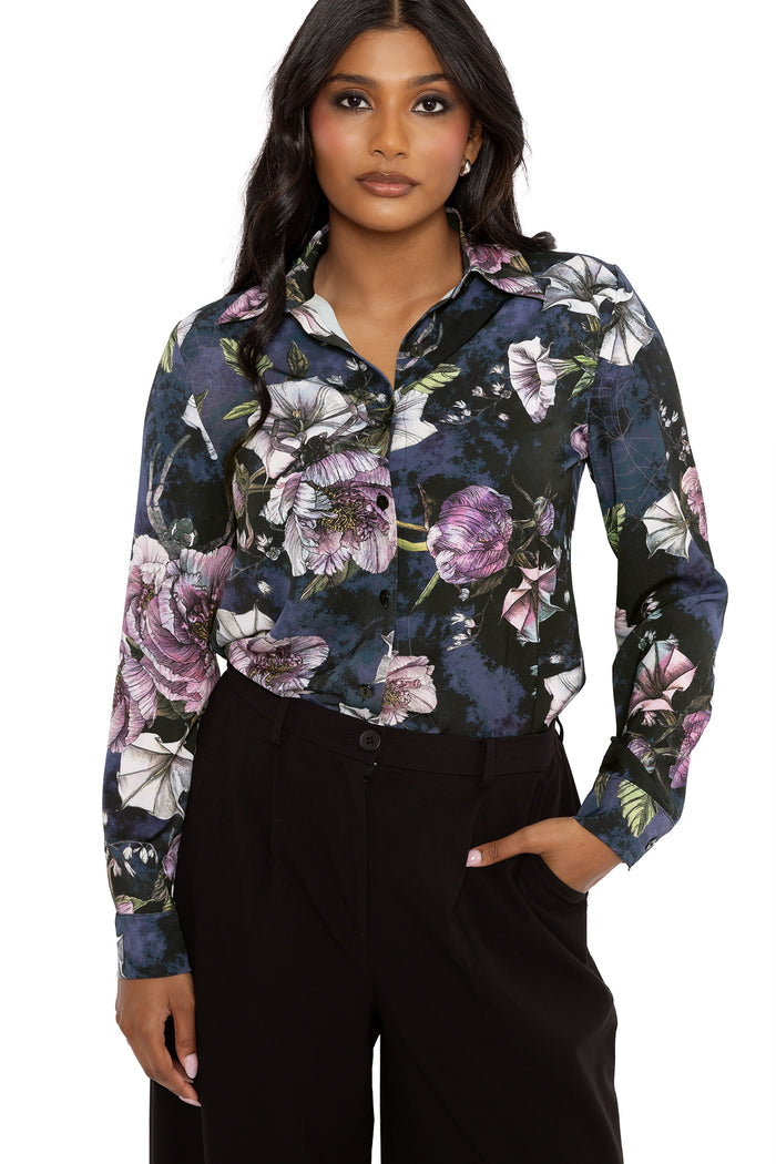 Corporate goth floral shirt with occult inspired dark botanical artwork and hidden insect details throughout the print. Featuring cuffed sleeves and a relaxed fit, this gothic officewear piece combines dark academia and fantasy witch fashion.