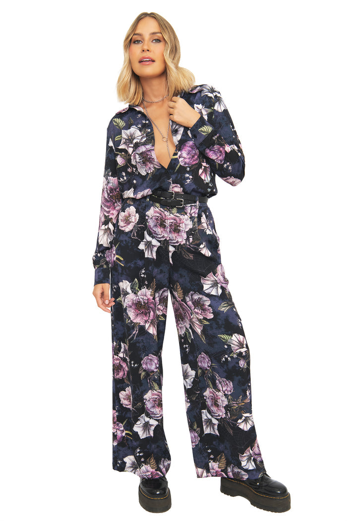 Alternative witchcore business shirt featuring dark florals, hidden creepy crawlies and elegant gothic tailoring. This long sleeve button-up shirt blends corporate goth and whimsigoth aesthetics with lightweight fabric and polished office-ready styling.