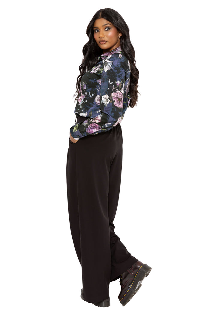 Gothic floral office shirt with hidden spider and insect details amongst romantic blooms in deep midnight tones. Featuring a collared button front and cuffed sleeves, this alternative goth shirt captures corporate witch and fantasy fashion energy.
