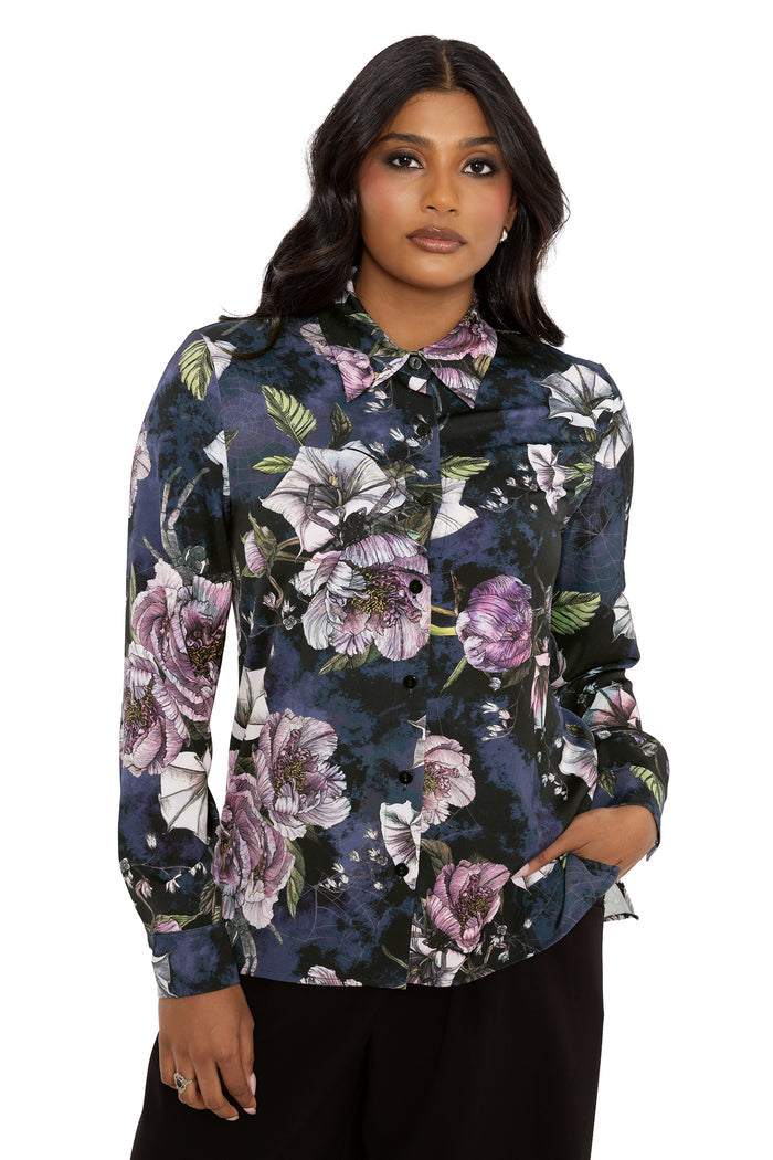 Black floral long sleeve business shirt with hidden creepy crawlies and dark botanical artwork in a romantic gothic style. This corporate goth button-up blends whimsigoth, dark fairycore and modern officewear fashion from the Nature of a Witch collection.