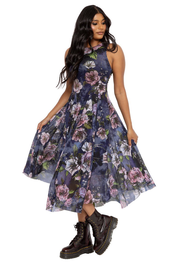 Corporate goth floral swoop dress with hidden spider details woven through moody blooms and dark botanical artwork. This whimsigoth office dress blends gothic elegance, dark fairycore and alternative fashion with a floaty mesh skirt and dramatic flowing hems.