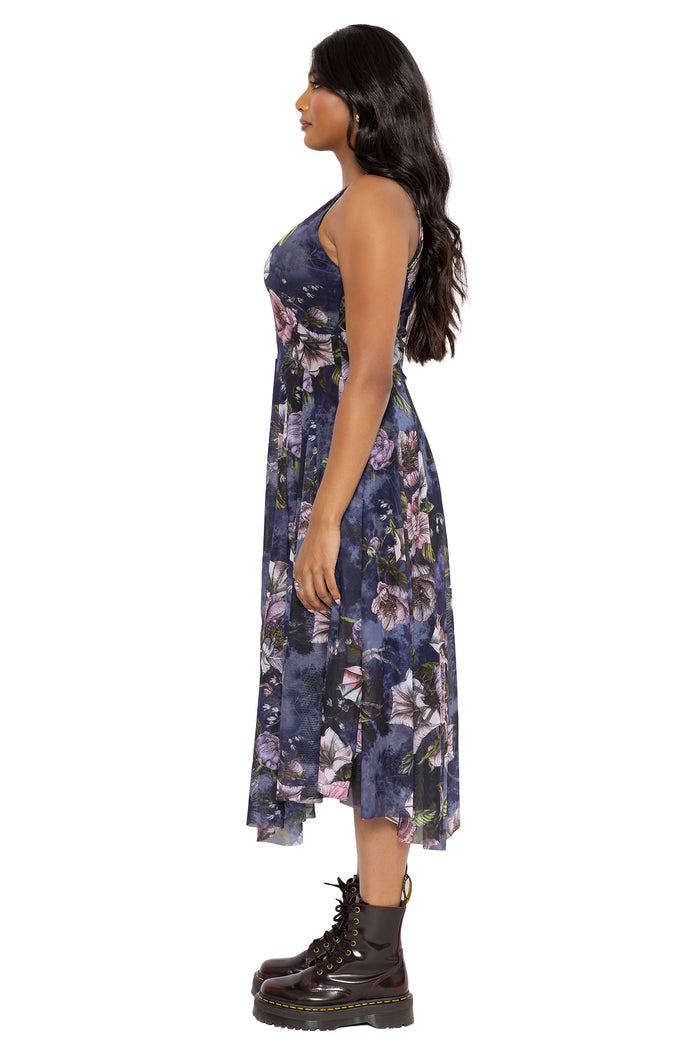 Corporate goth midi dress with romantic floral artwork and tiny hidden spider details scattered throughout sheer mesh layers. This alternative witch dress blends gothic fashion, cottage witch vibes and polished dark officewear styling.