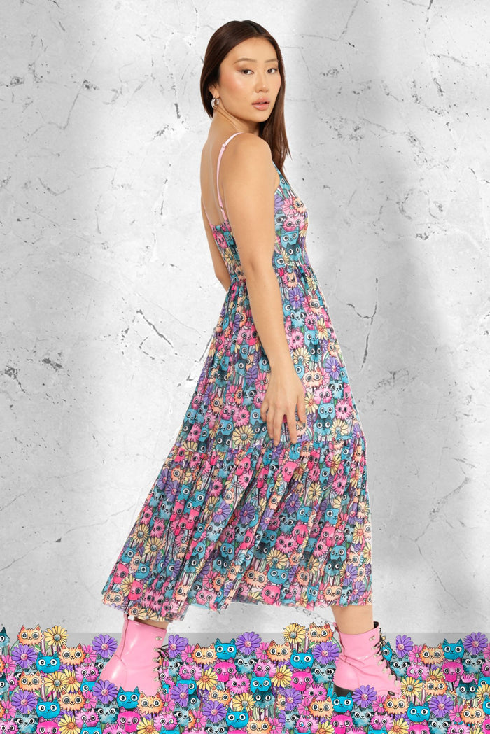 Blossoming Kitties Sheer Midaxi Dress