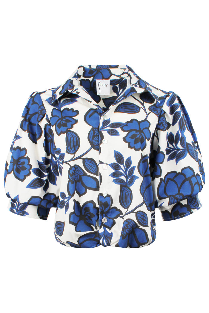 Relaxed fit White button down blouse with blue floral pattern on a white background