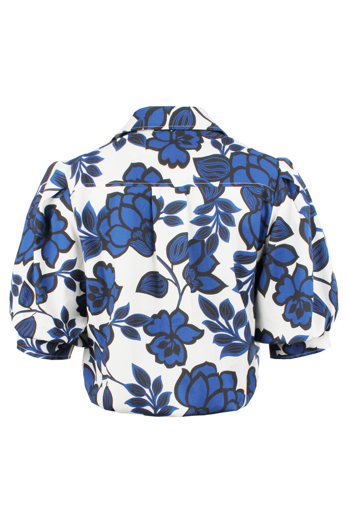 Rear view of Finley blue floral relaxed fit blouse