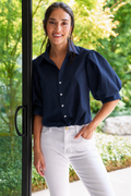 Bomba Short Sleeve Poplin Twist-Hem Blouse, Navy