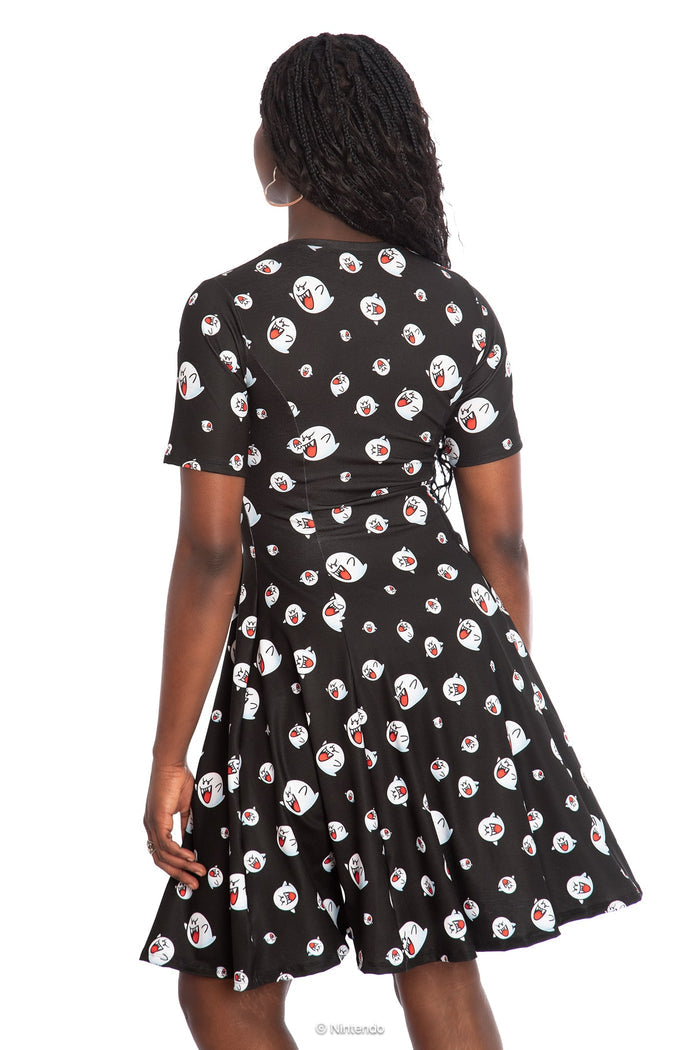 BlackMilk x Super Mario Boo Longline Tee Dress, black Longline dress with Boo character graphic, Super Mario Merchandise, Collaboration apparel, Officially Licensed
