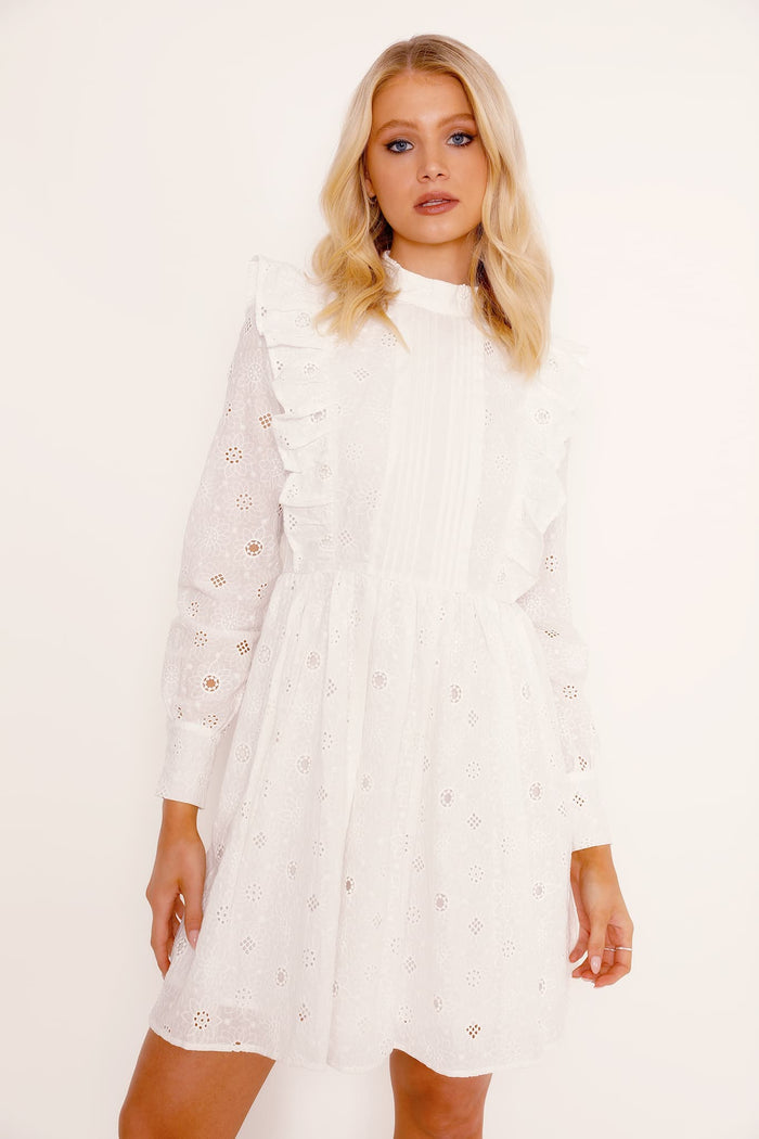 Broderie Anglaise White Long Frill Sleeve Dress