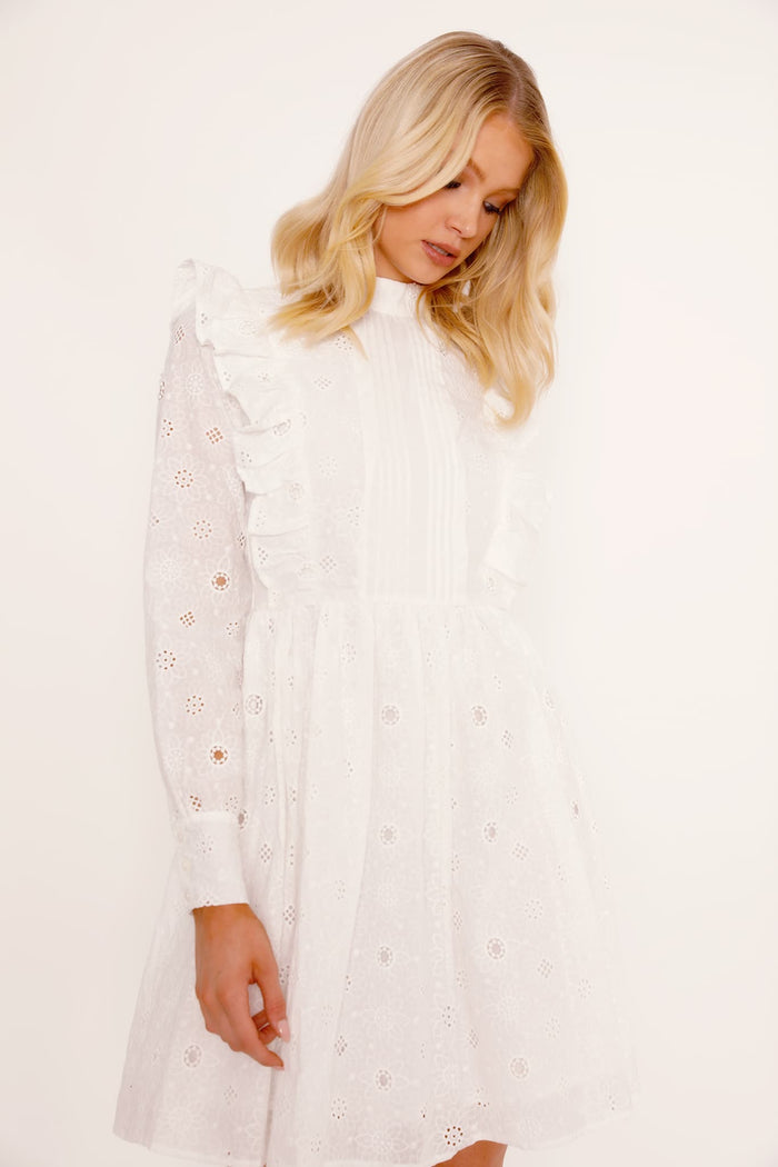 Broderie Anglaise White Long Frill Sleeve Dress