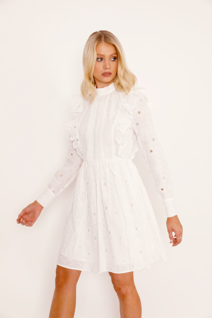 Broderie Anglaise White Long Frill Sleeve Dress