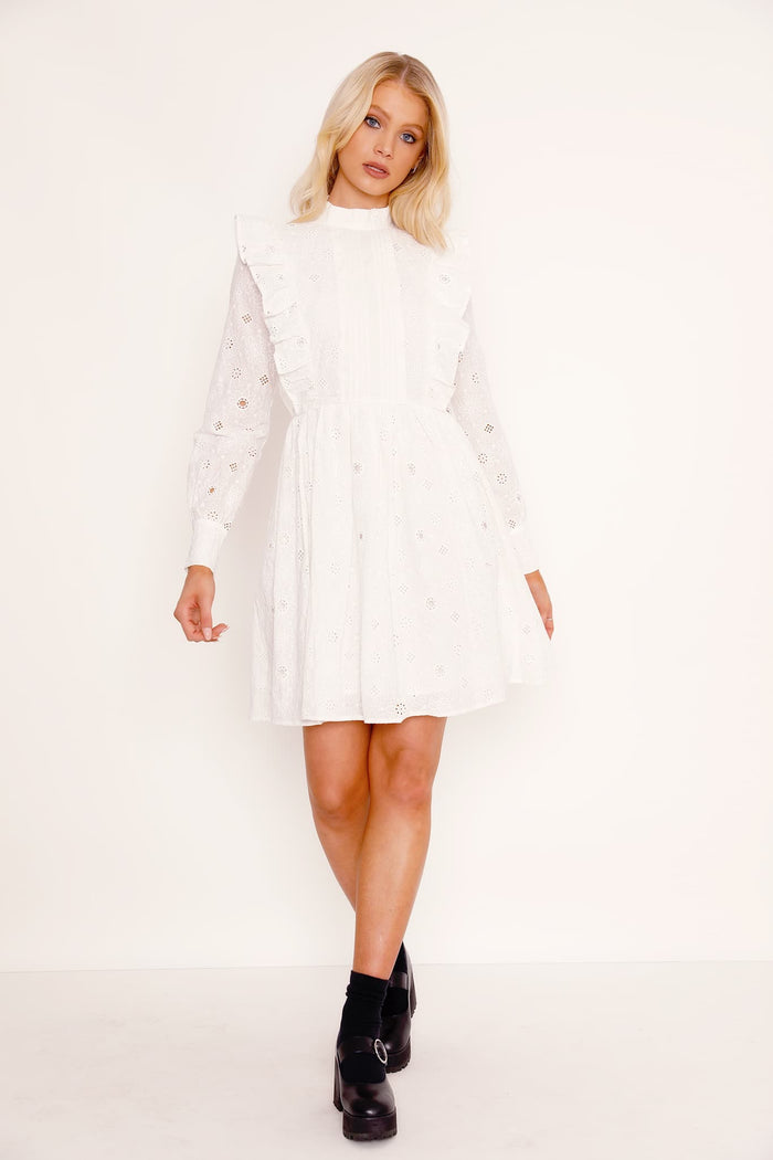 Broderie Anglaise White Long Frill Sleeve Dress