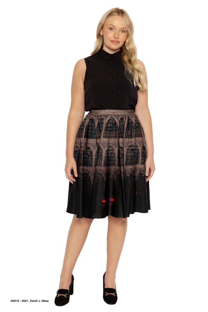 A Court of Thorns and Roses series Bryaxis Below skirt, ACOTAR midi skirt by Sarah J Maas with Velaris library artwork, layered bookshelves, dark shadow detail and gathered waist, fantasy outfit