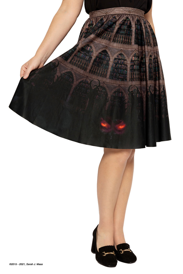 ACOTAR books inspired Bryaxis midi skirt, A Court of Thorns and Roses series design by Sarah J Maas with House of Wind library print, shadow creature motif and soft flowing silhouette