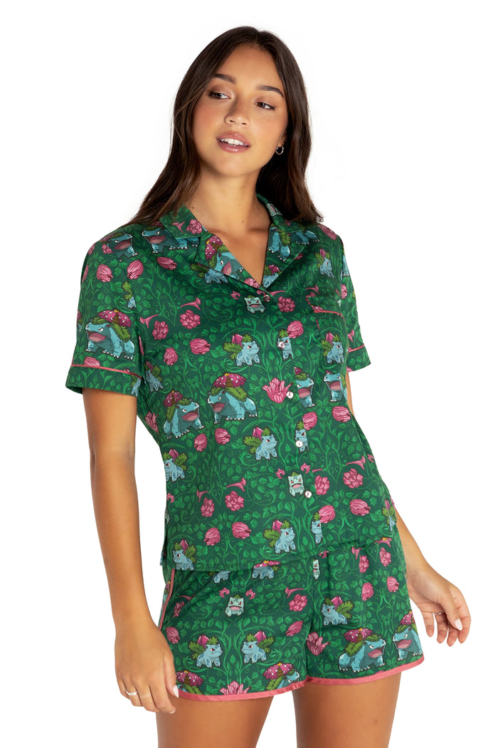 BlackMilk Clothing x Pokemon - Bulbasaur Evolution Soft Button Up Sleep Shirt - Pokémon Merchandise - Collaboration apparel - Licenced.