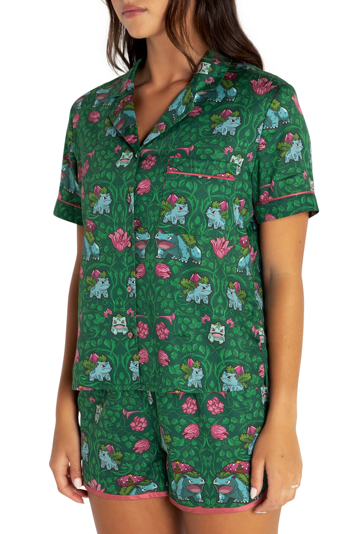 BlackMilk Clothing x Pokemon - Bulbasaur Evolution Soft Button Up Sleep Shirt - Pokémon Merchandise - Collaboration apparel - Licenced.