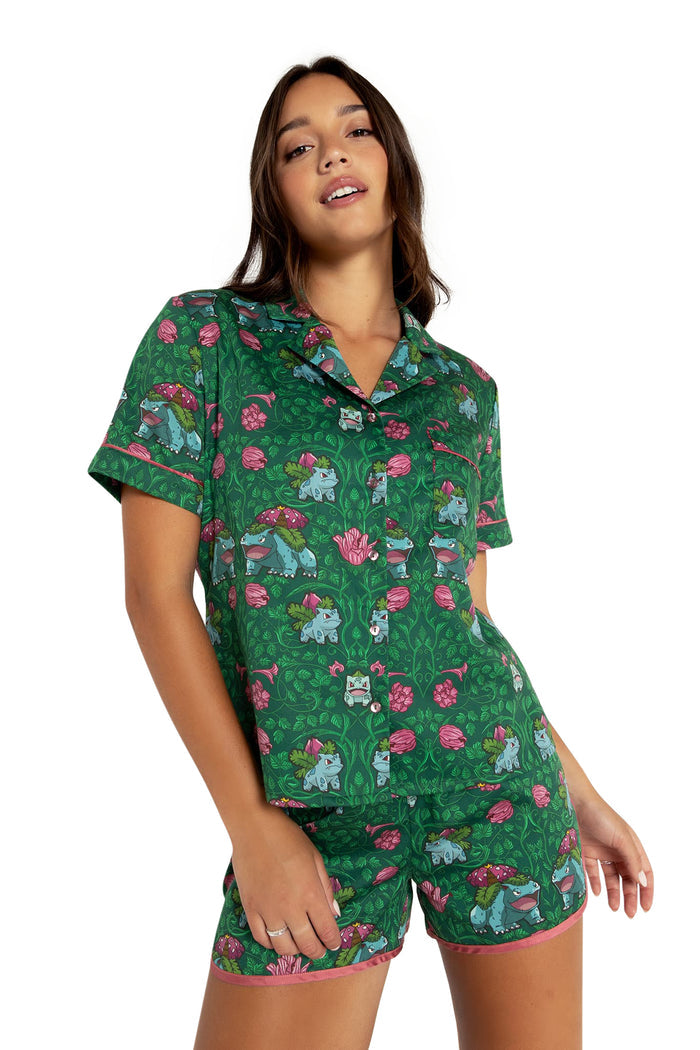 BlackMilk Clothing x Pokemon - Bulbasaur Evolution Soft Button Up Sleep Shirt - Pokémon Merchandise - Collaboration apparel - Licenced.