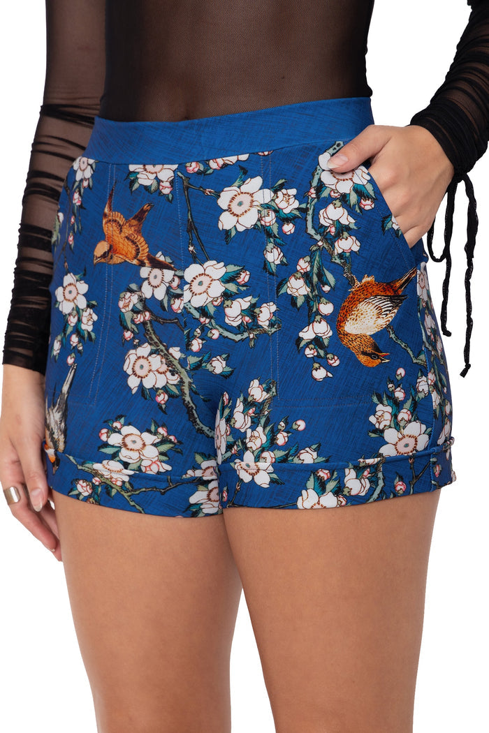 BlackMilk Clothing - bullfinch and weeping cherry blossoms cuffed shorts