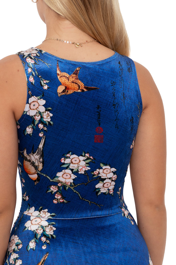 BlackMilk Clothing - bullfinch and weeping cherry blossoms velvet midi dress