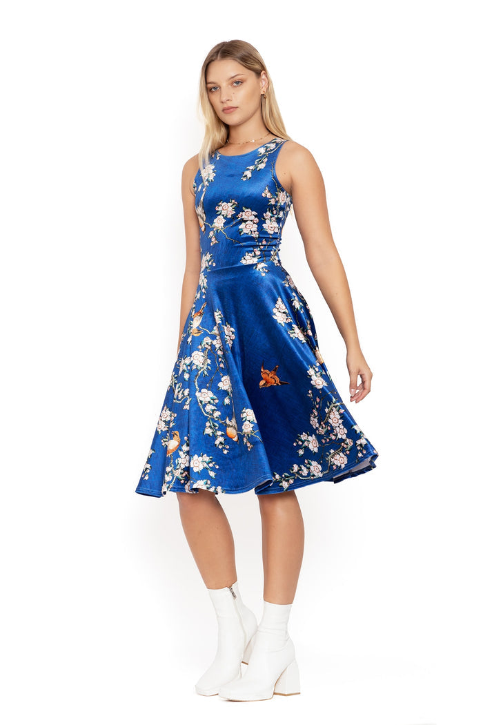 BlackMilk Clothing - bullfinch and weeping cherry blossoms velvet midi dress