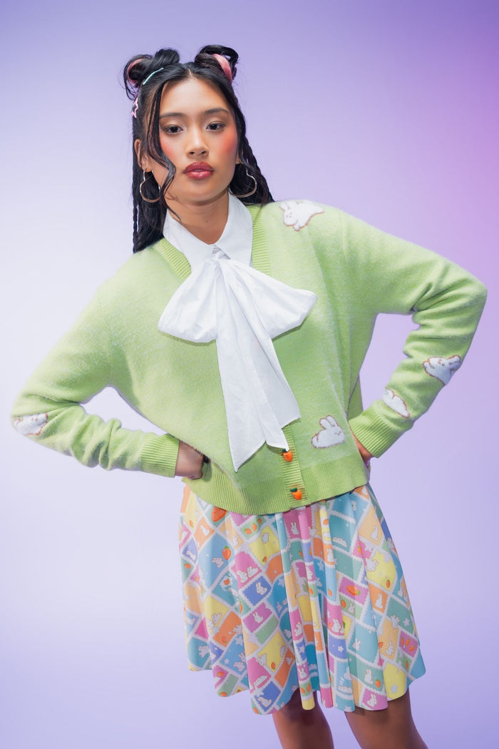 Women's green bunny knit cardigan with adorable rabbit motifs, novelty carrot buttons, a relaxed cropped fit and soft knitted fabric for everyday comfort.